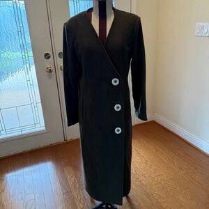 Vintage Loden Green Wool Blend Women's Overcoat, XL, Decorative Buttons, Maxi